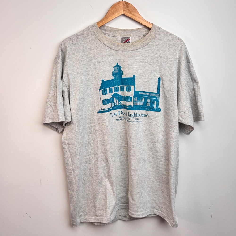 Vintage 90s East Point Lighthouse Heislerville NJ Jerzees Gray T Shirt XL USA